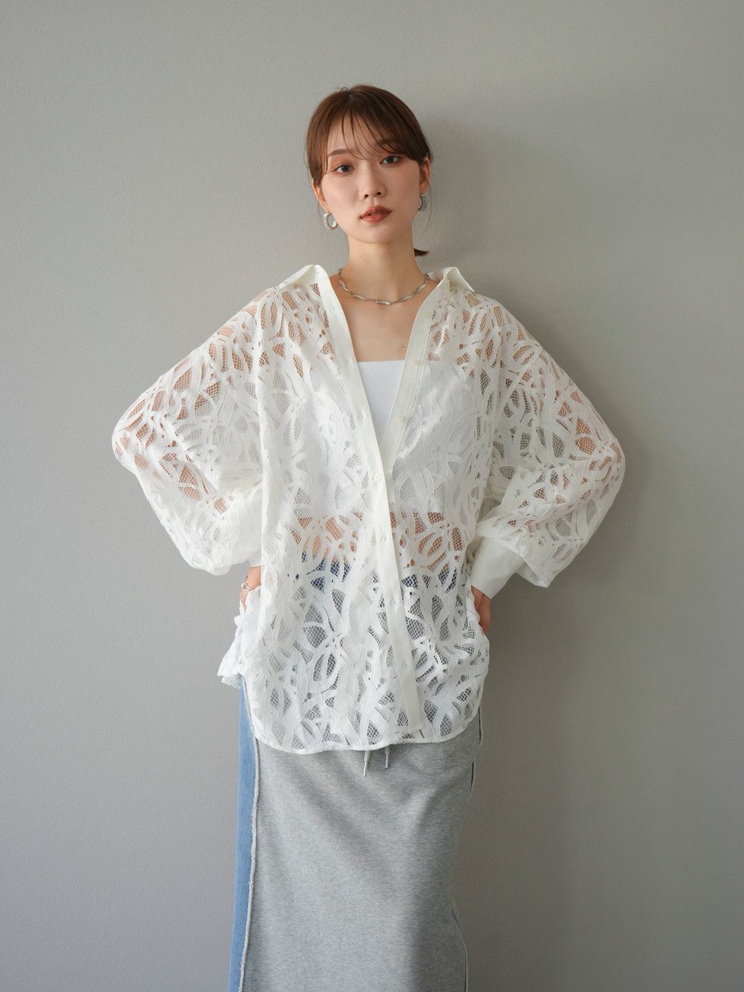 [SET]コードレースオーバーシャツ+デニムドッキングスウェットスカート(2set)