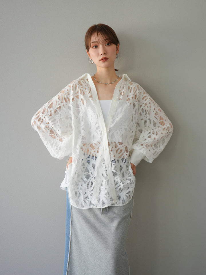 [SET]コードレースオーバーシャツ+デニムドッキングスウェットスカート(2set)