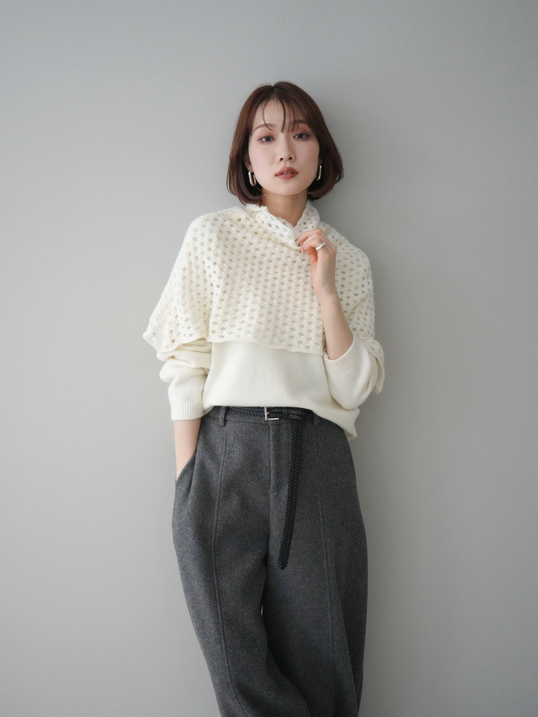 [予約]メッシュケープアンサンブルニットプルオーバー/white