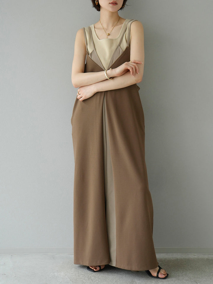 [SET] Bicolor layered design cami dress + square summer knit tank top (2set)