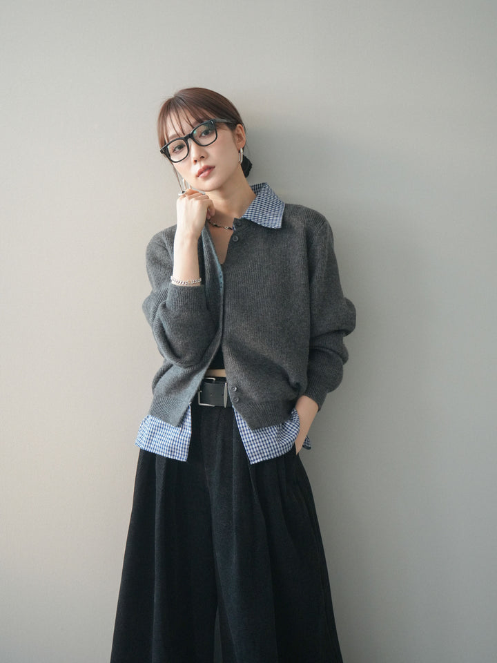 [SET]チェックシャツ襟ニットカーディガン+ベルトデザインループコールテンワイドパンツ(ベルト付き)(2set)