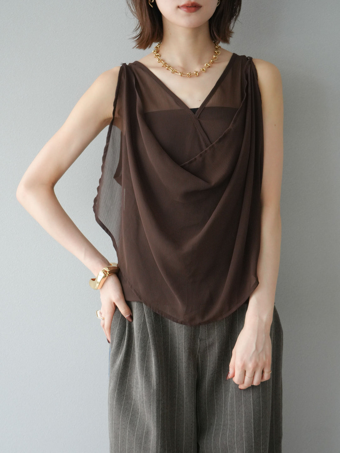 [予約]サイドラインストライプワイドパンツ/ブラウン