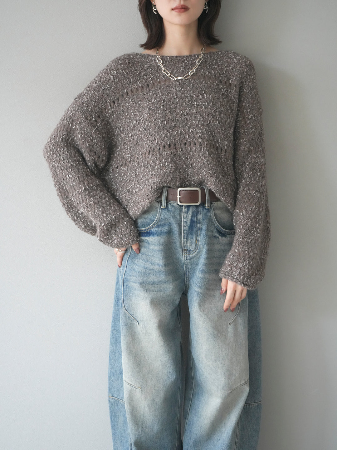 [予約]ラメ糸ループヤーンニットプルオーバー/charcoal