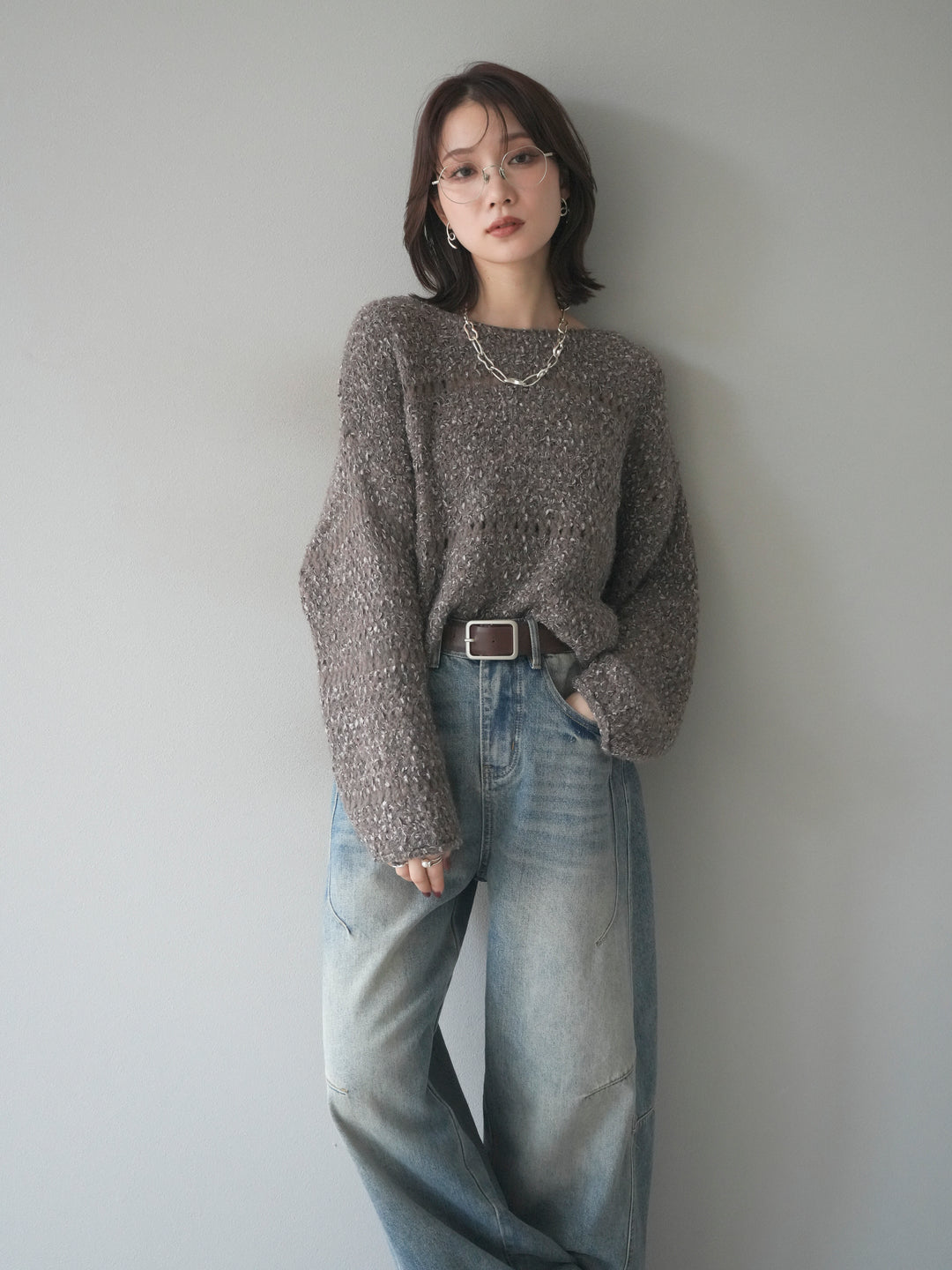[予約]ラメ糸ループヤーンニットプルオーバー/charcoal