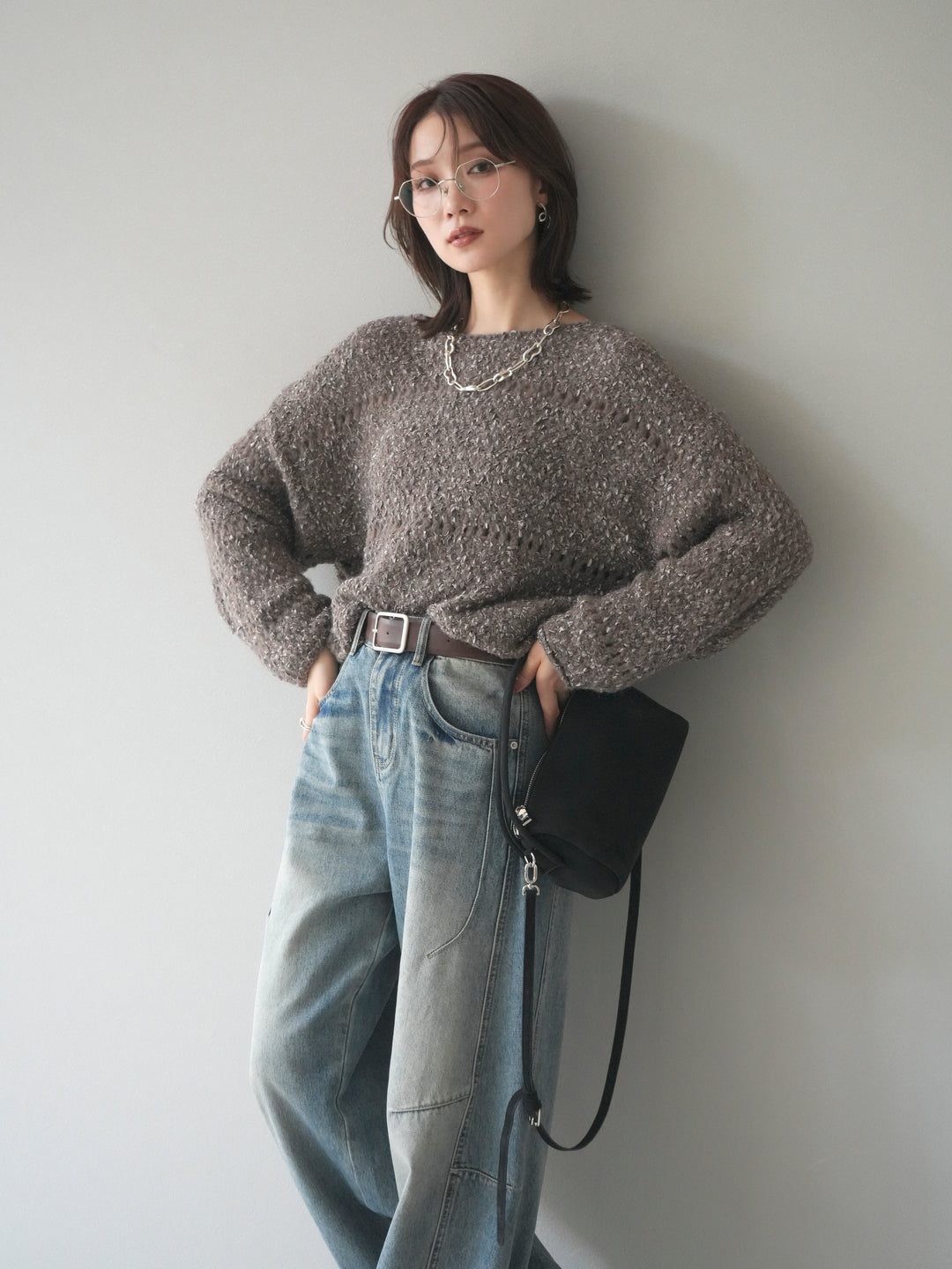 [予約]ラメ糸ループヤーンニットプルオーバー/charcoal