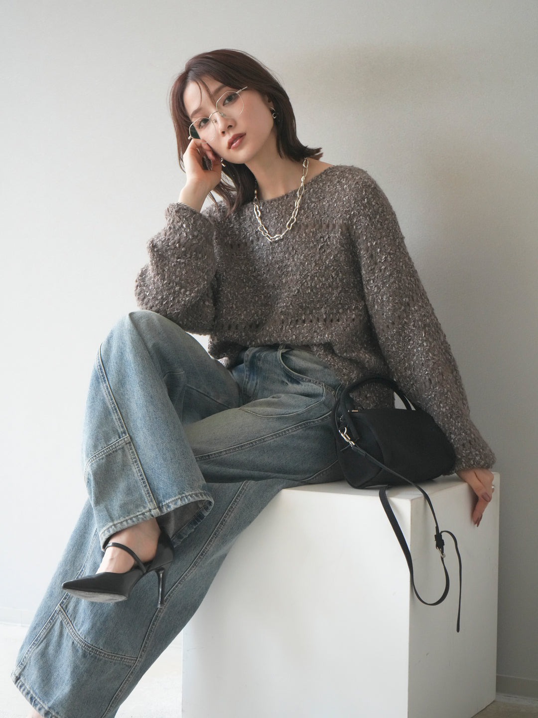 [予約]ラメ糸ループヤーンニットプルオーバー/charcoal