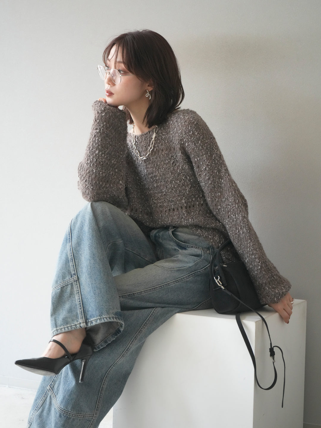 [予約]ラメ糸ループヤーンニットプルオーバー/charcoal