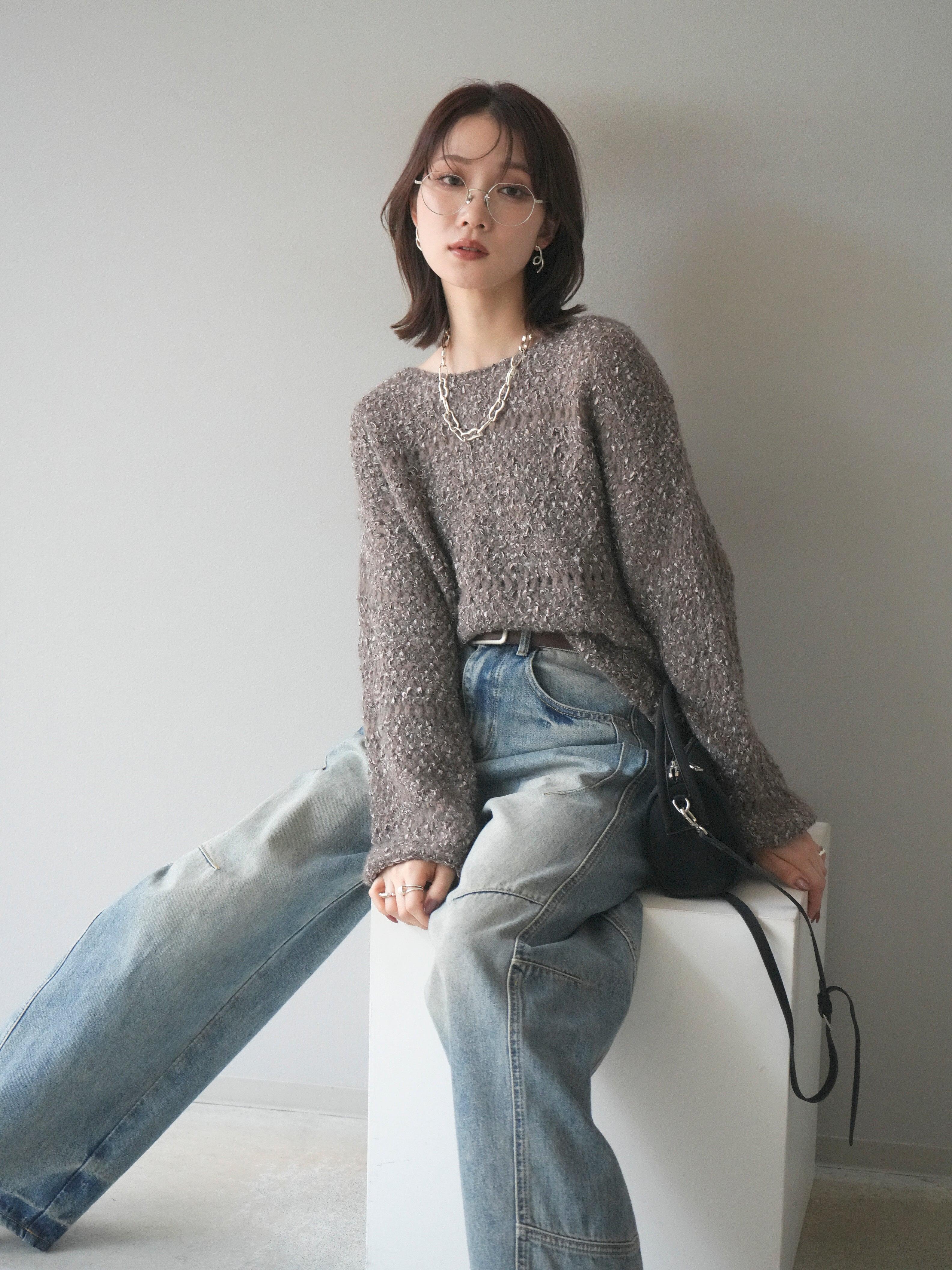 SET]ラメ糸ループヤーンニットプルオーバー+ベルト付カーブデニム