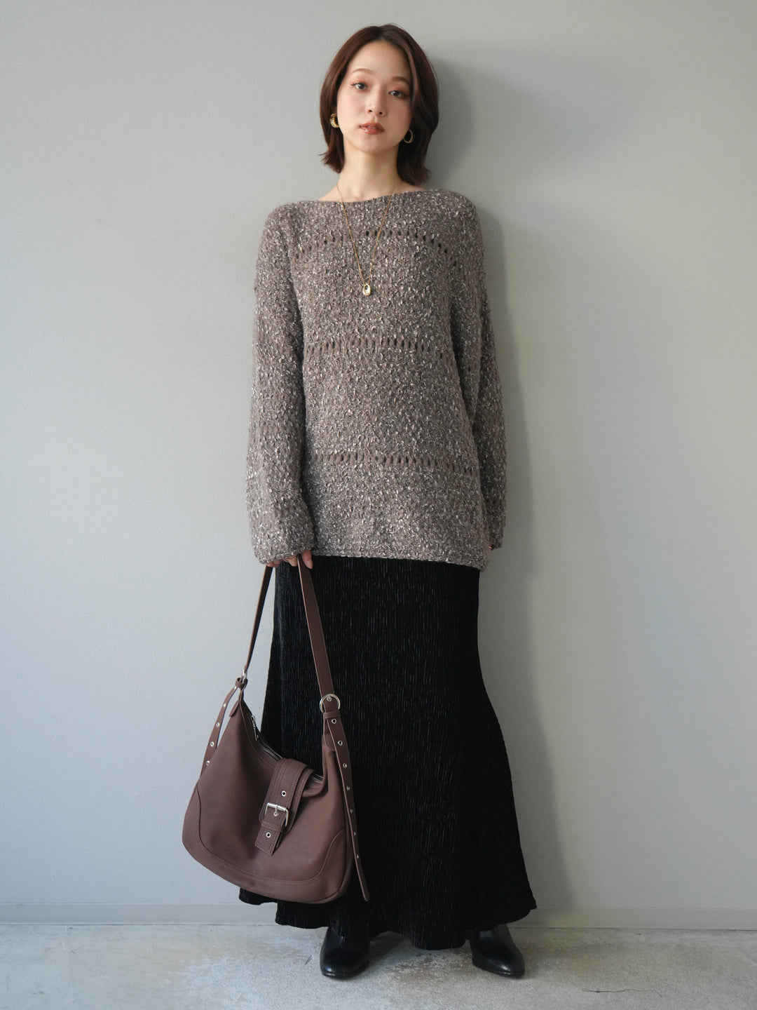 [予約]ラメ糸ループヤーンニットプルオーバー/charcoal