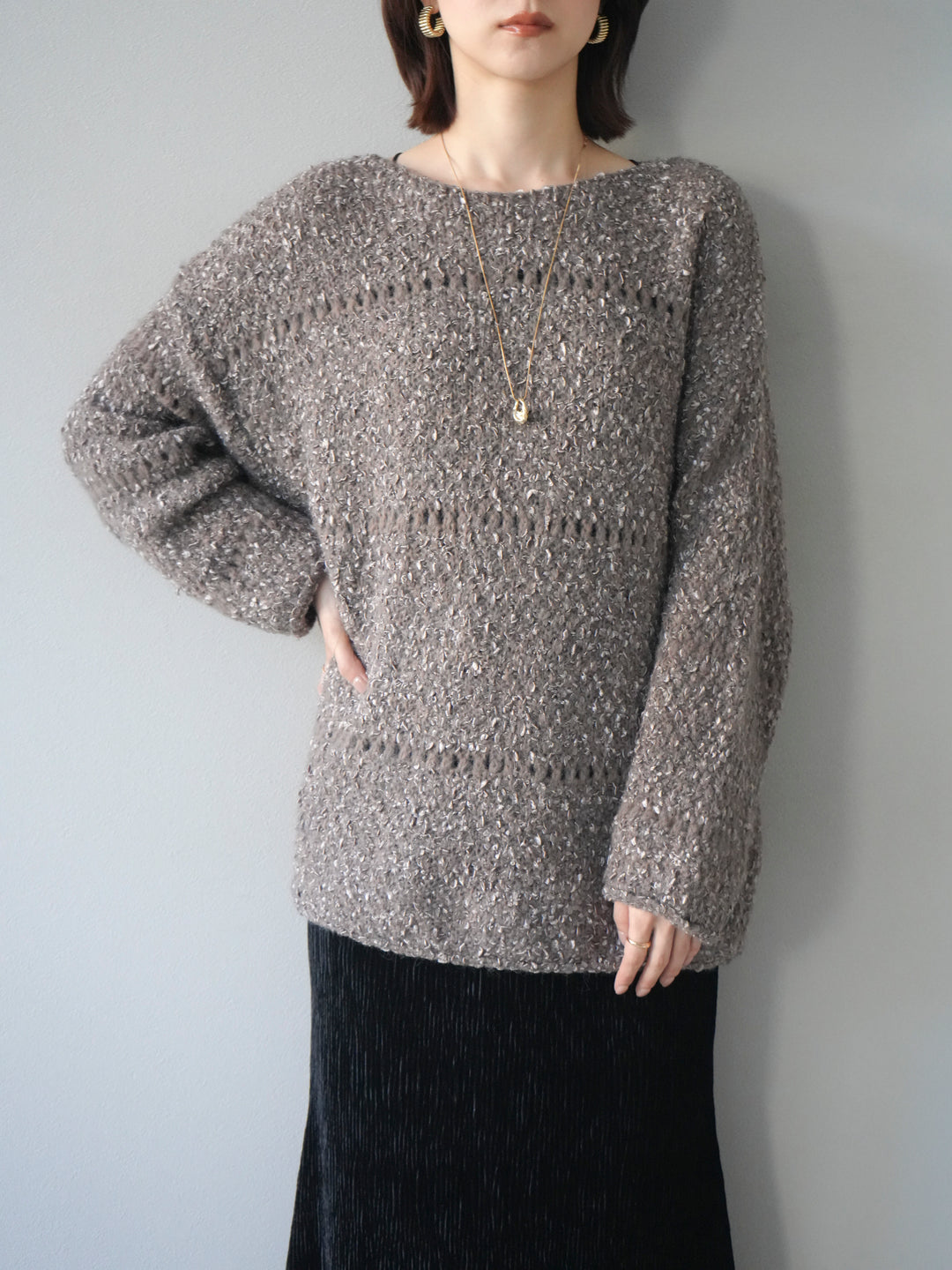 [予約]ラメ糸ループヤーンニットプルオーバー/charcoal