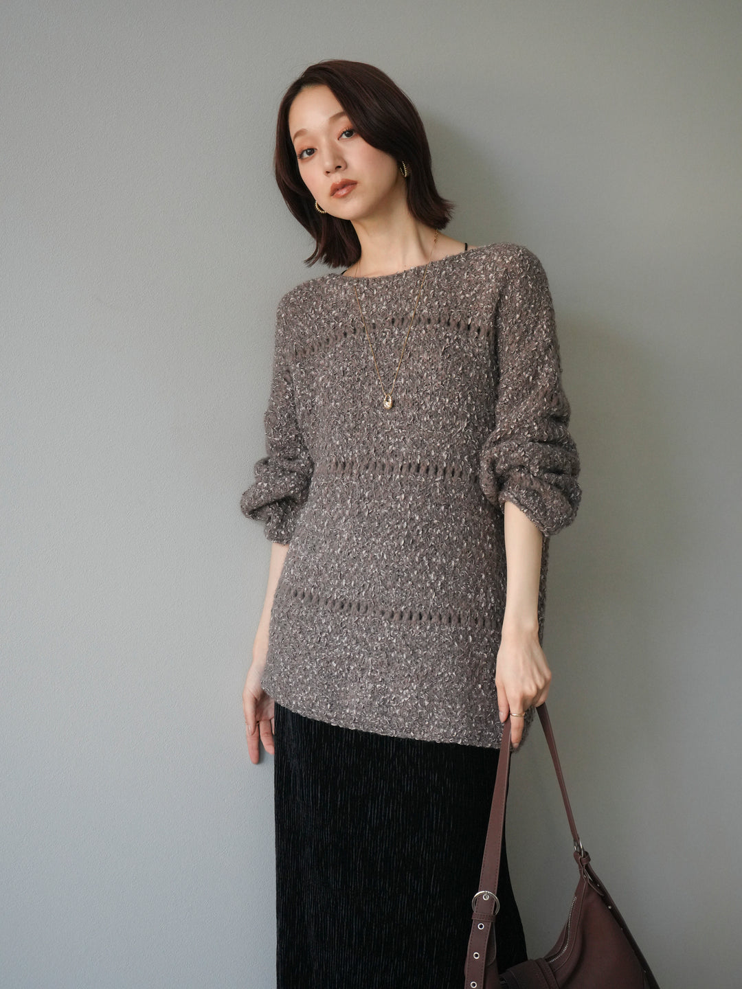 [予約]ラメ糸ループヤーンニットプルオーバー/charcoal