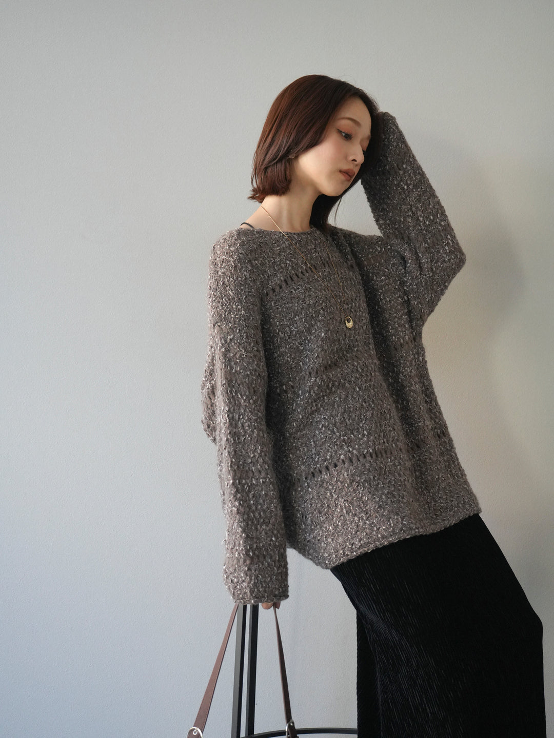 [予約]ラメ糸ループヤーンニットプルオーバー/charcoal