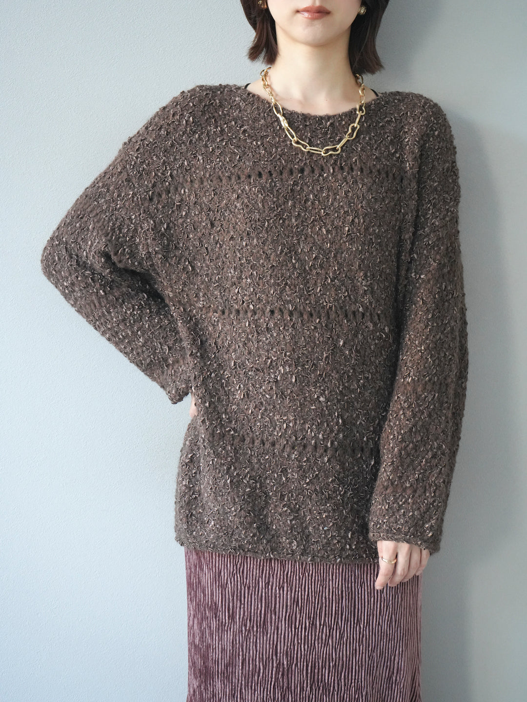 [予約]ラメ糸ループヤーンニットプルオーバー/brown