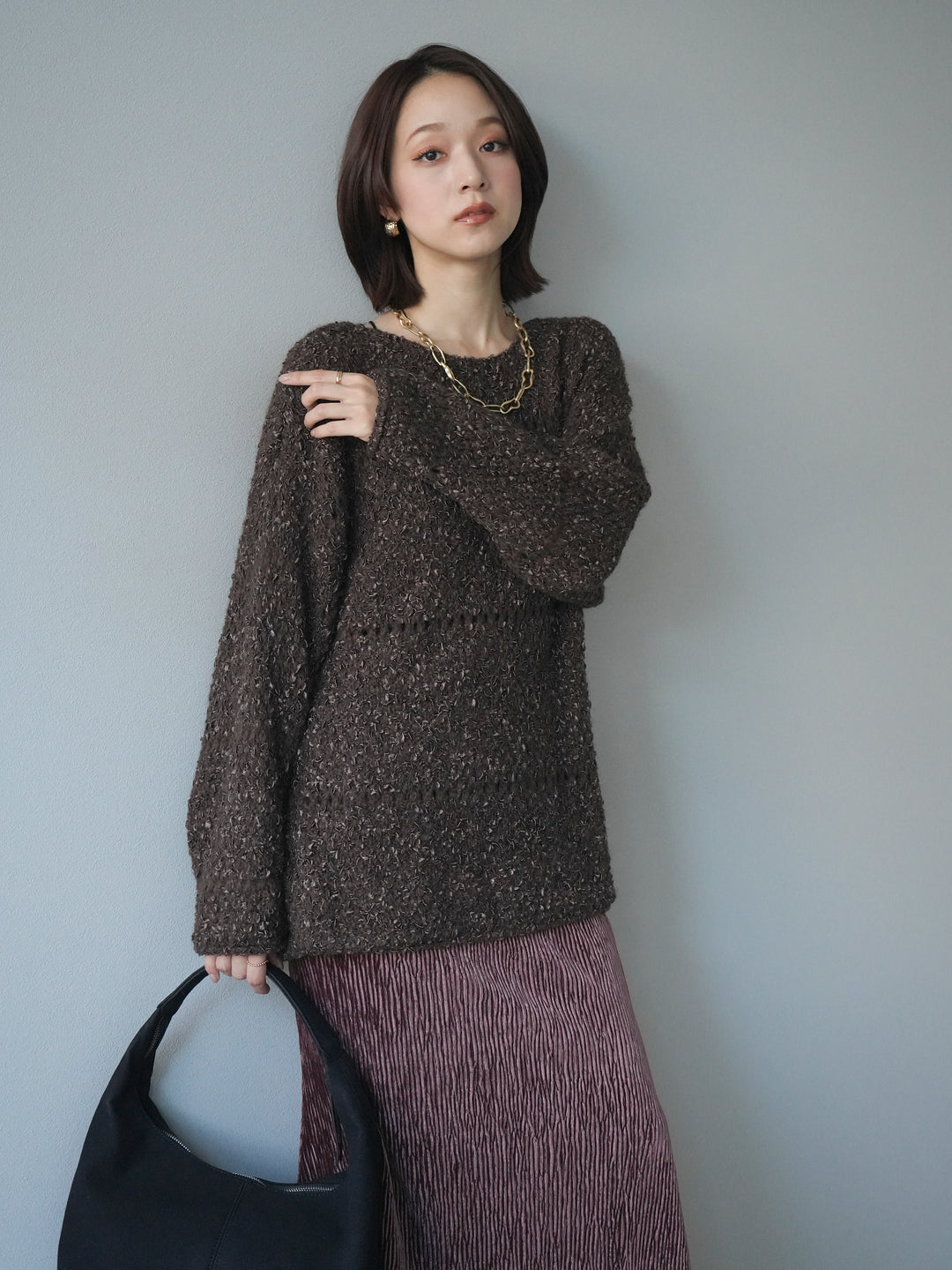 [予約]ラメ糸ループヤーンニットプルオーバー/brown