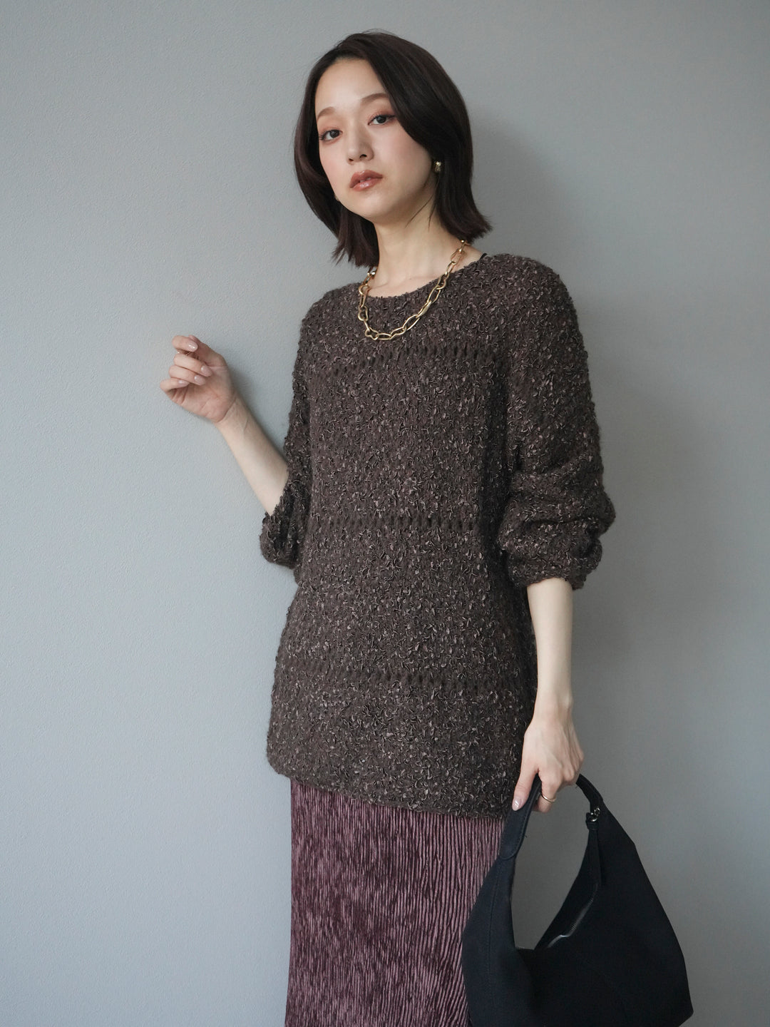 [予約]ラメ糸ループヤーンニットプルオーバー/brown