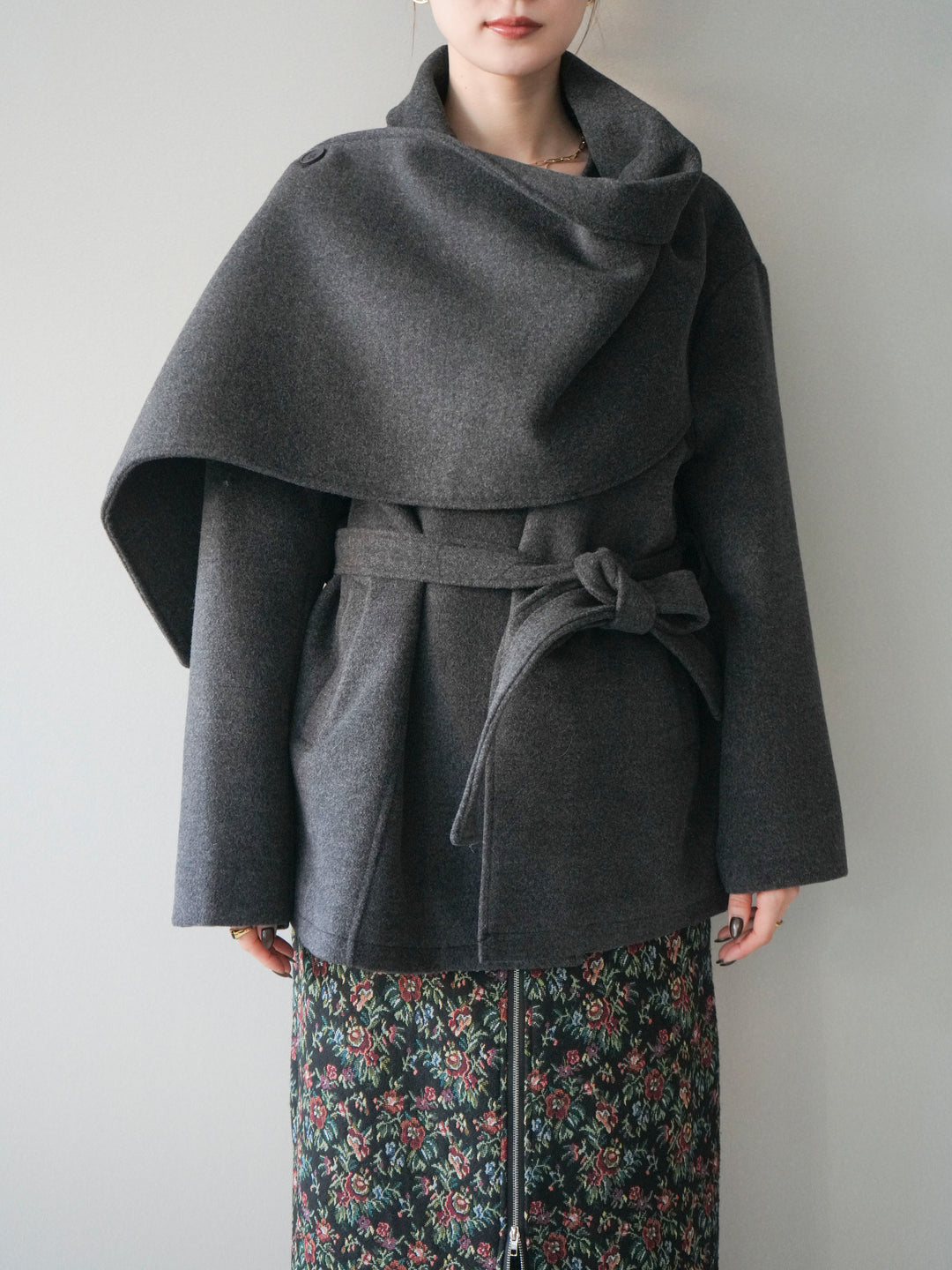 [予約]ストールデザインショートコート/charcoal