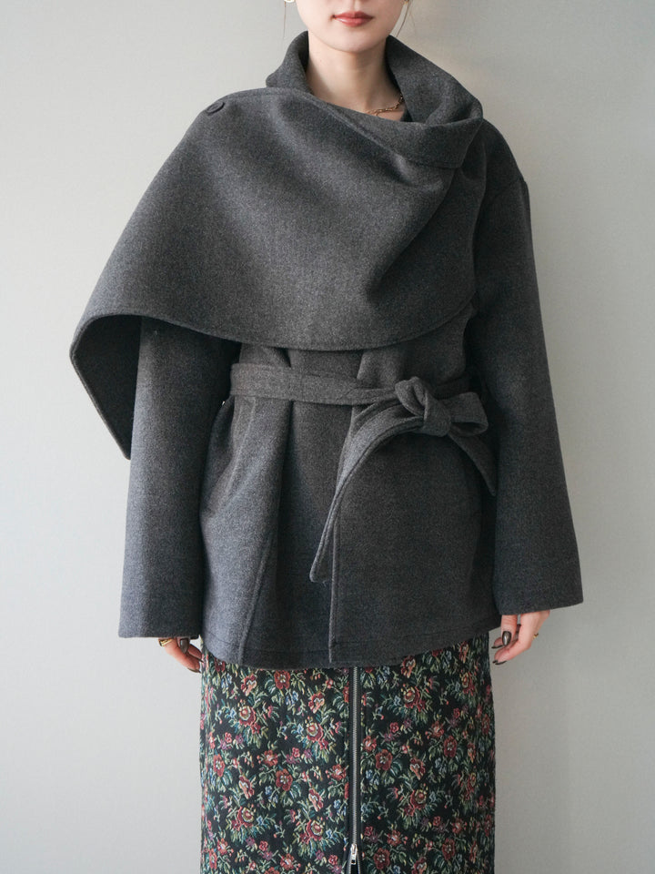 [予約]ストールデザインショートコート/charcoal