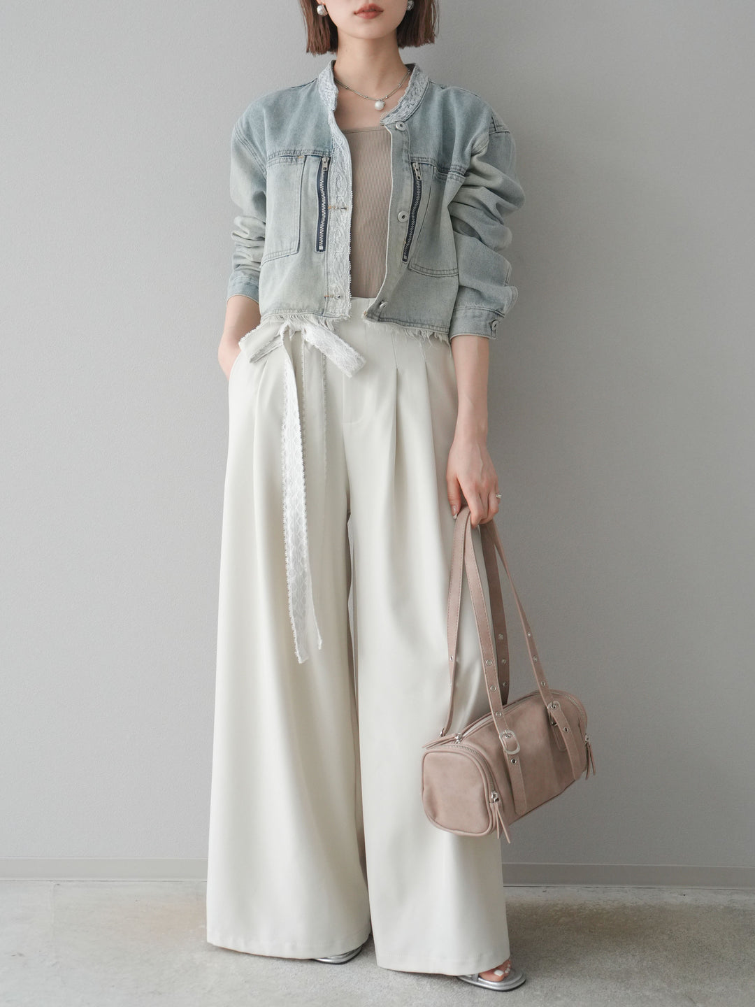 【預購】蕾絲腰帶設計寬褲/象牙白