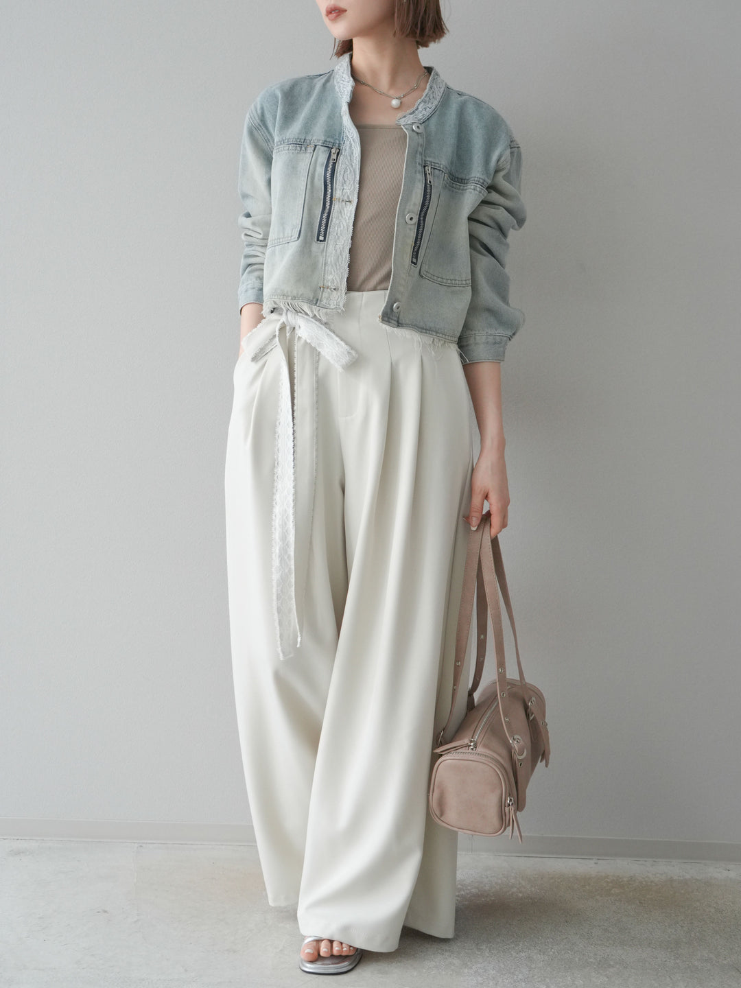 【預購】蕾絲腰帶設計寬褲/象牙白