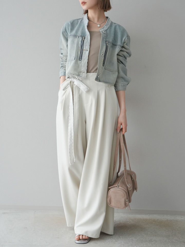 【預購】蕾絲腰帶設計寬褲/象牙白