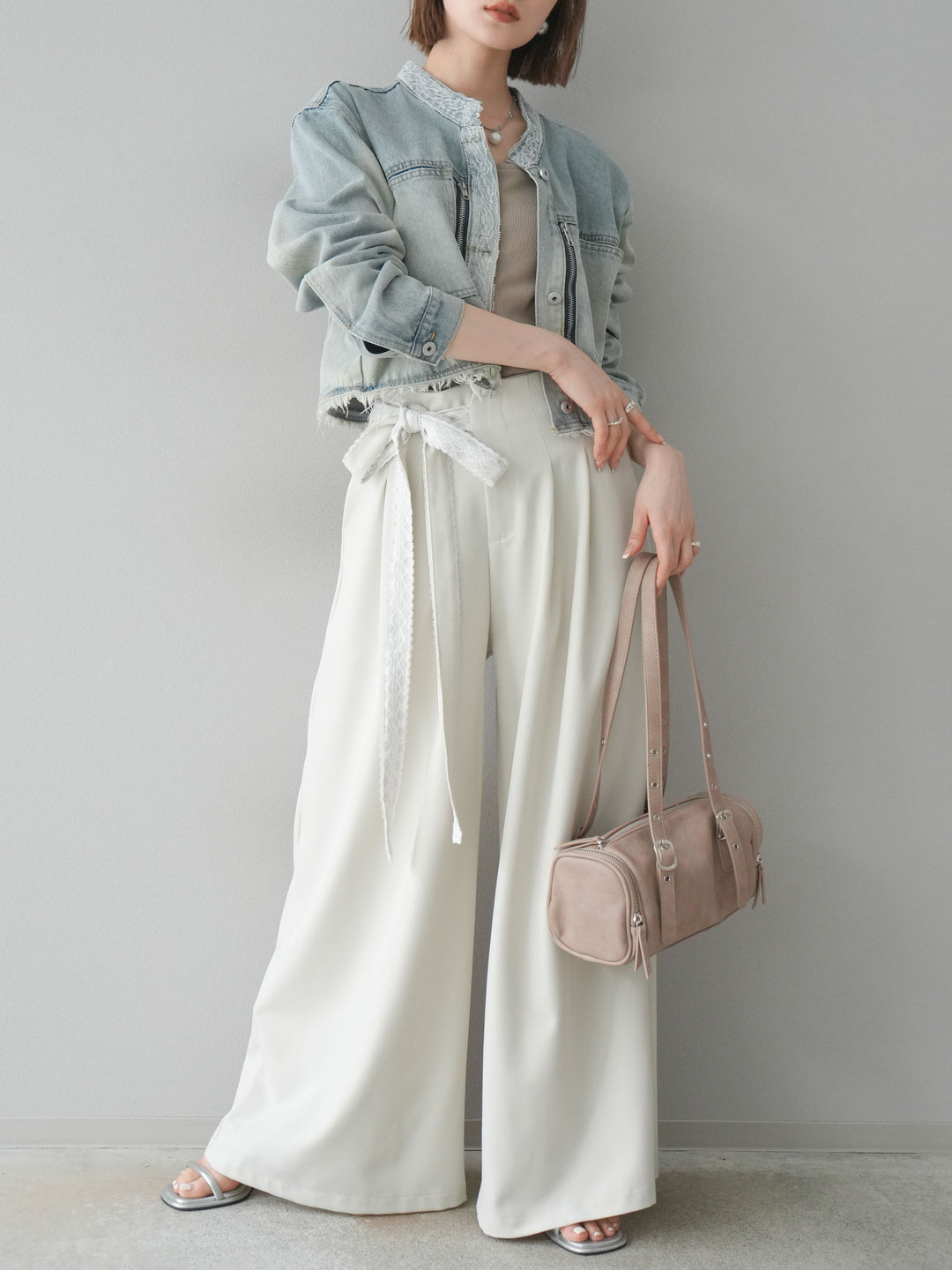 【預購】蕾絲腰帶設計寬褲/象牙白