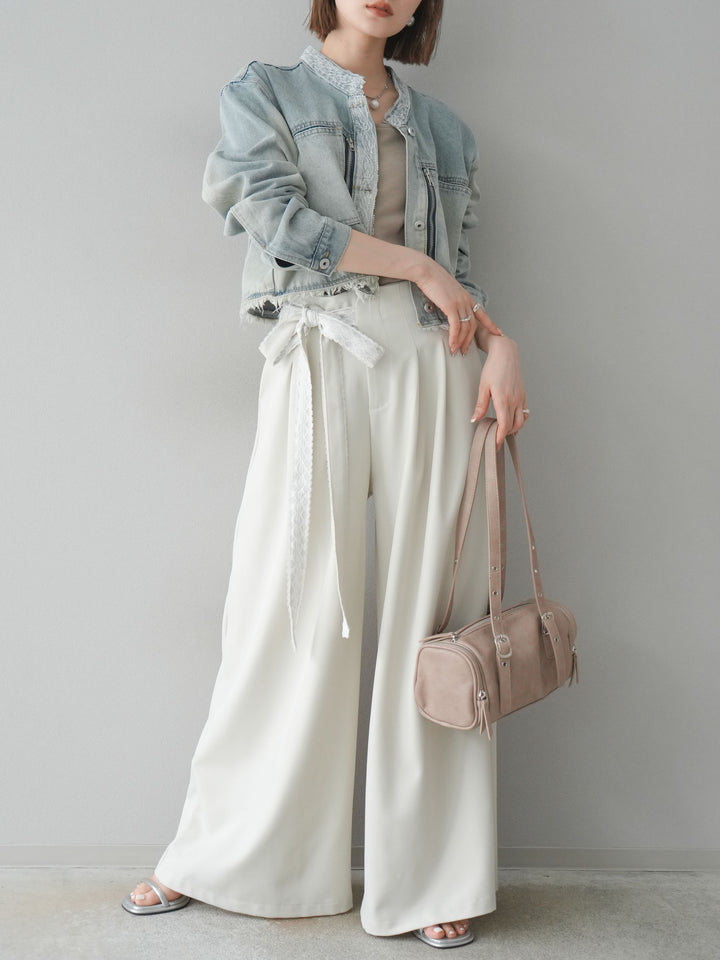 【預購】蕾絲腰帶設計寬褲/象牙白