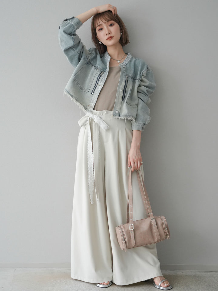 【預購】蕾絲腰帶設計寬褲/象牙白