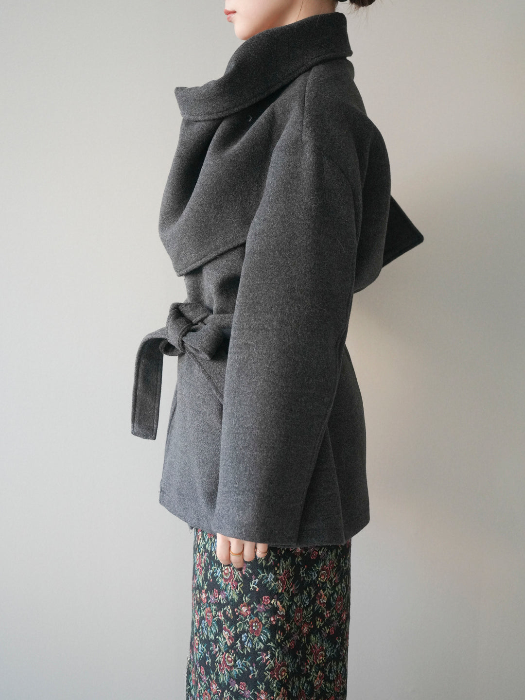 [予約]ストールデザインショートコート/charcoal