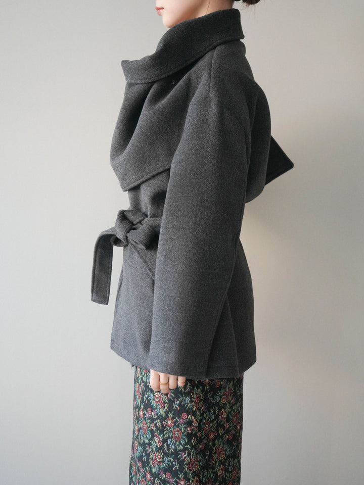 [予約]ストールデザインショートコート/charcoal