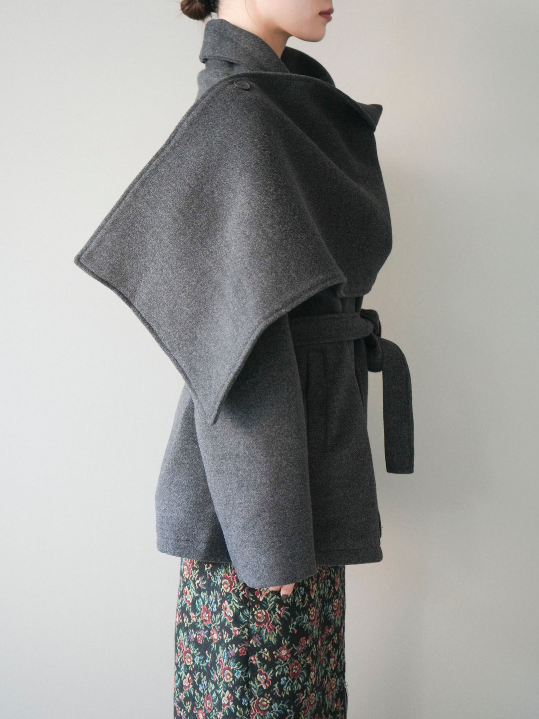 [予約]ストールデザインショートコート/charcoal