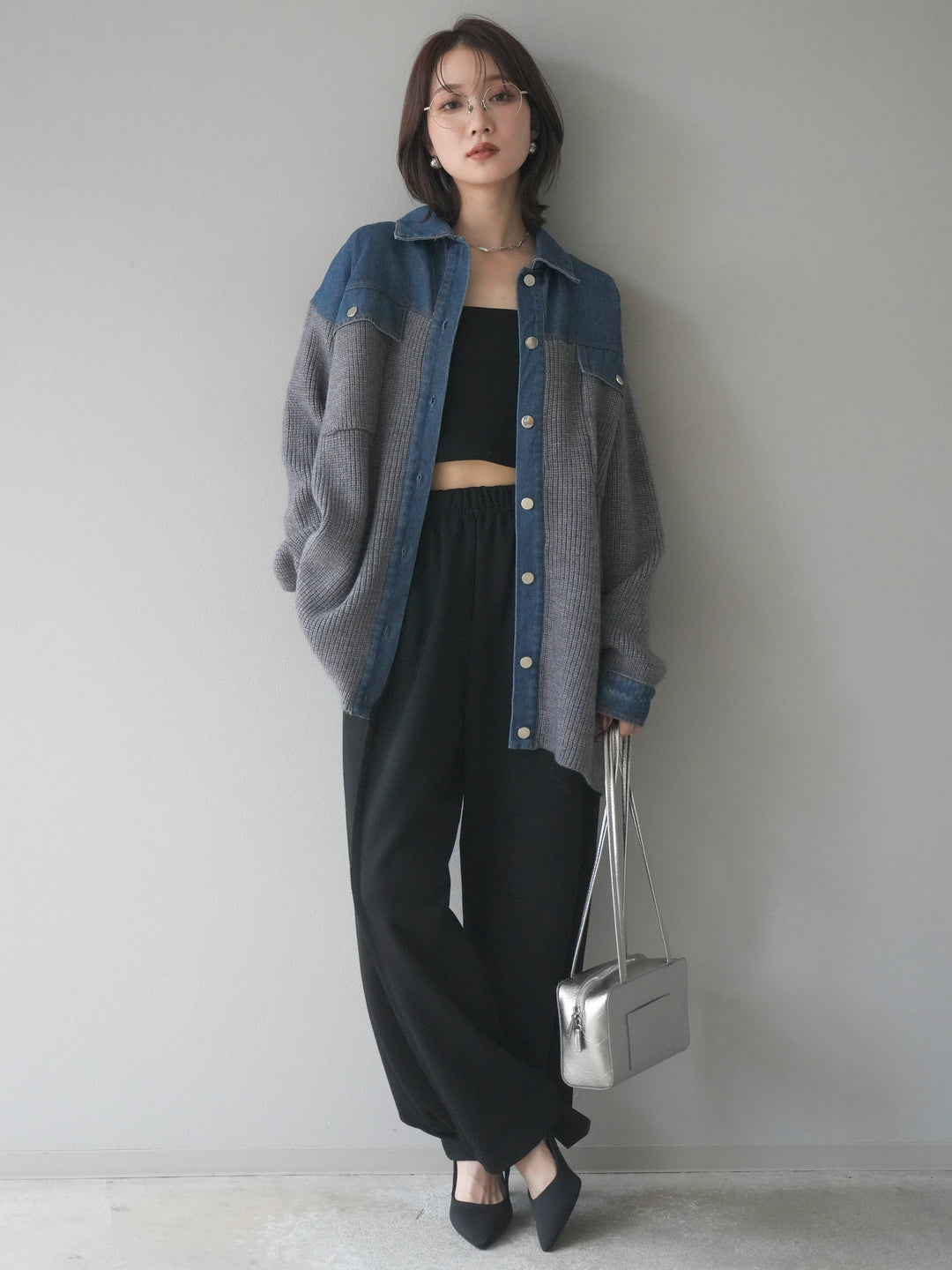 [予約]デニム襟付きニットジャケット/gray