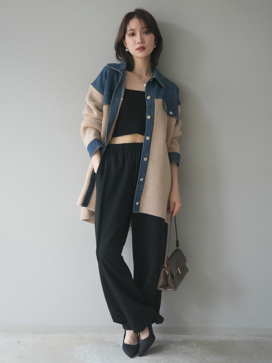 [予約]デニム襟付きニットジャケット/beige