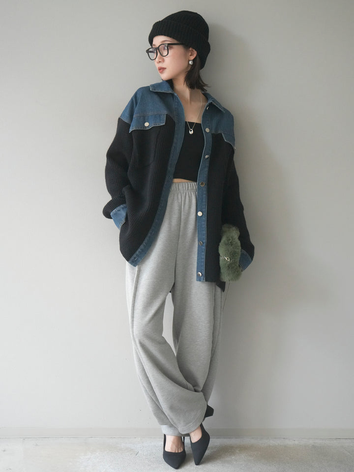 [予約]デニム襟付きニットジャケット/black
