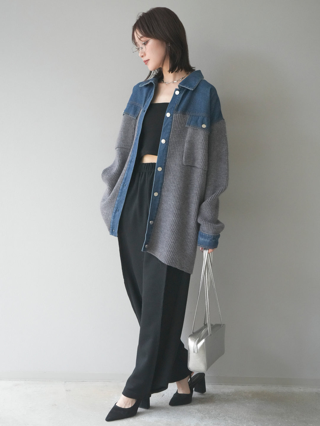 [SET]デニム襟付きニットジャケット+2WAYデザインスウェットパンツ(2set)