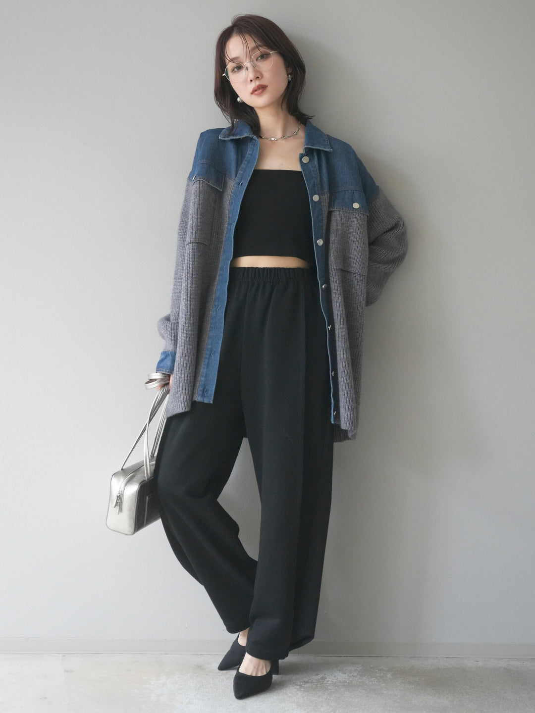 [SET]デニム襟付きニットジャケット+2WAYデザインスウェットパンツ(2set)