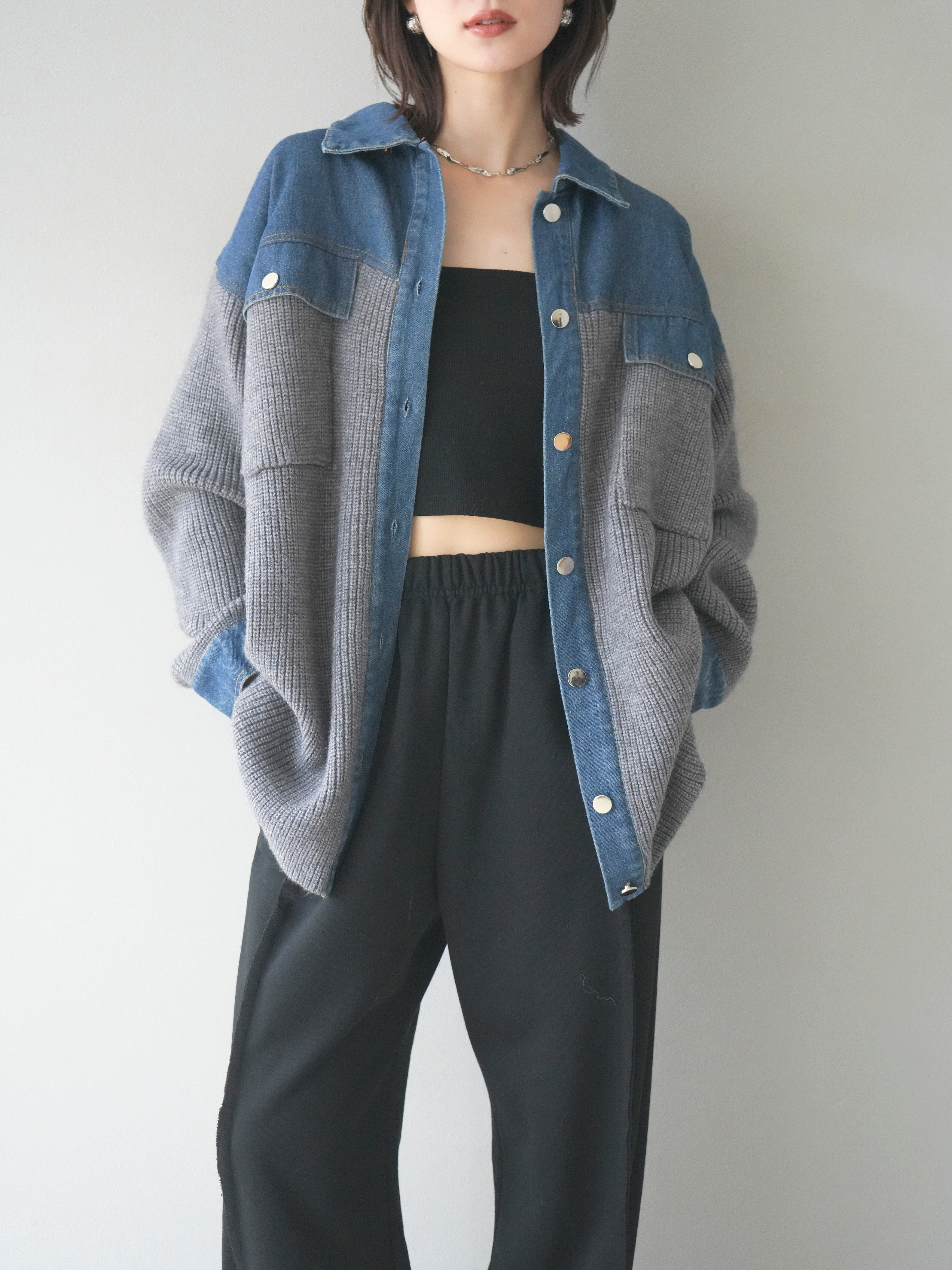 ジャケット・アウター AURORAVintage Stitched Denim Knit Jacket 予約]デニム襟付きニットジャケット/gray – Lumier