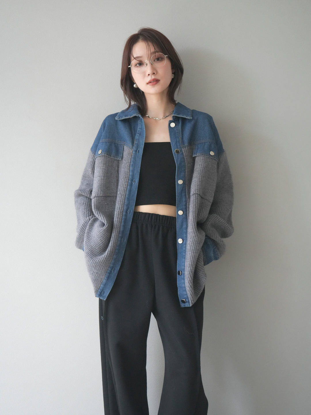 [SET]デニム襟付きニットジャケット+2WAYデザインスウェットパンツ(2set)