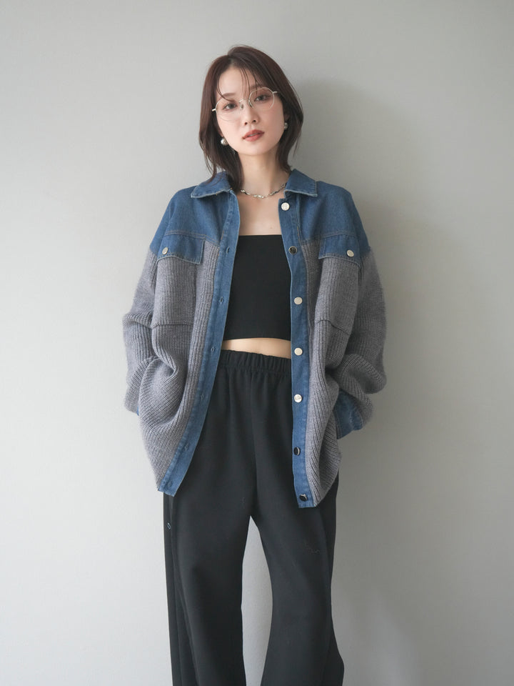 [SET]デニム襟付きニットジャケット+2WAYデザインスウェットパンツ(2set)