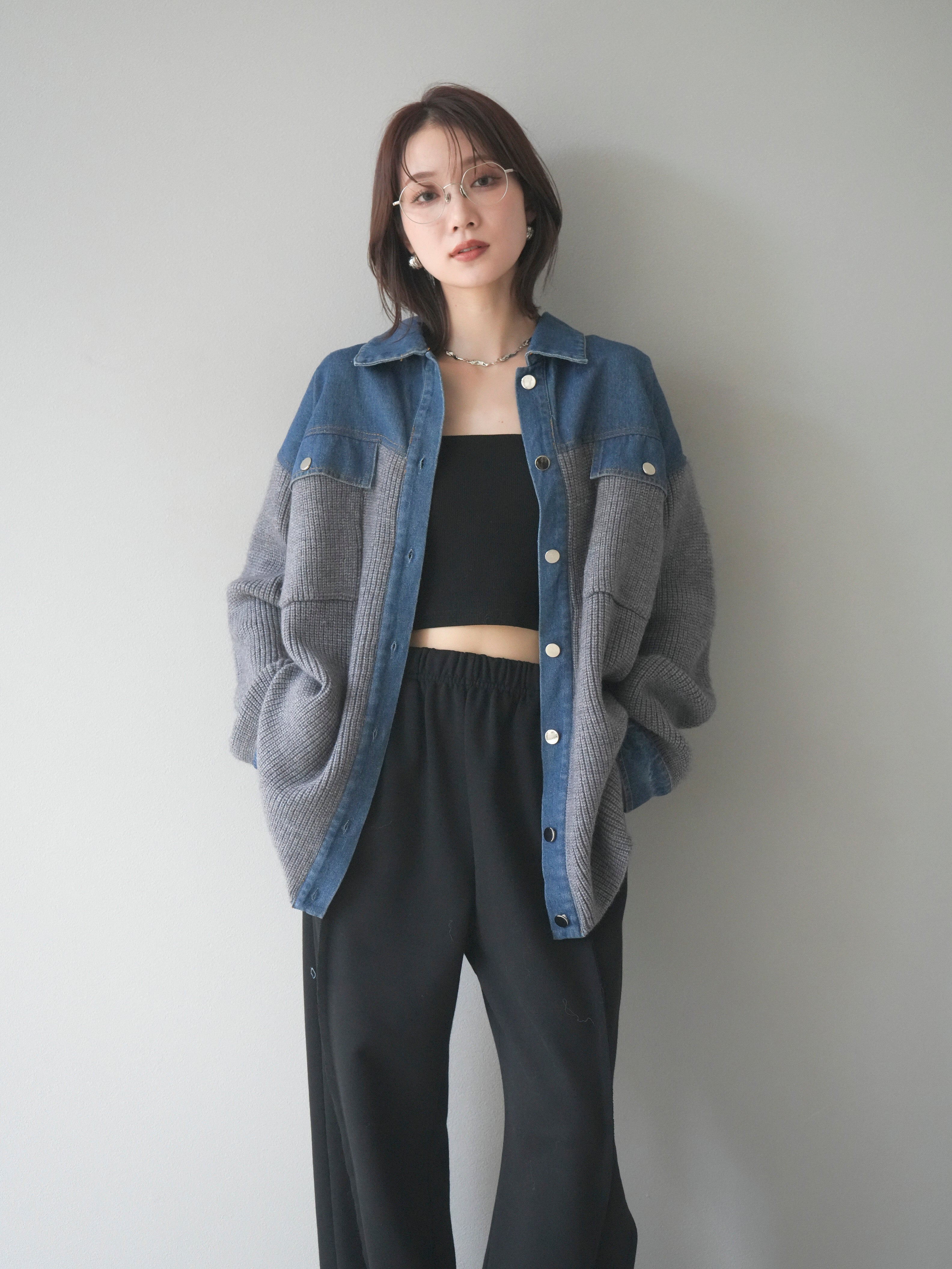 レザレクション　ニットアウター 予約]デニム襟付きニットジャケット/gray – Lumier