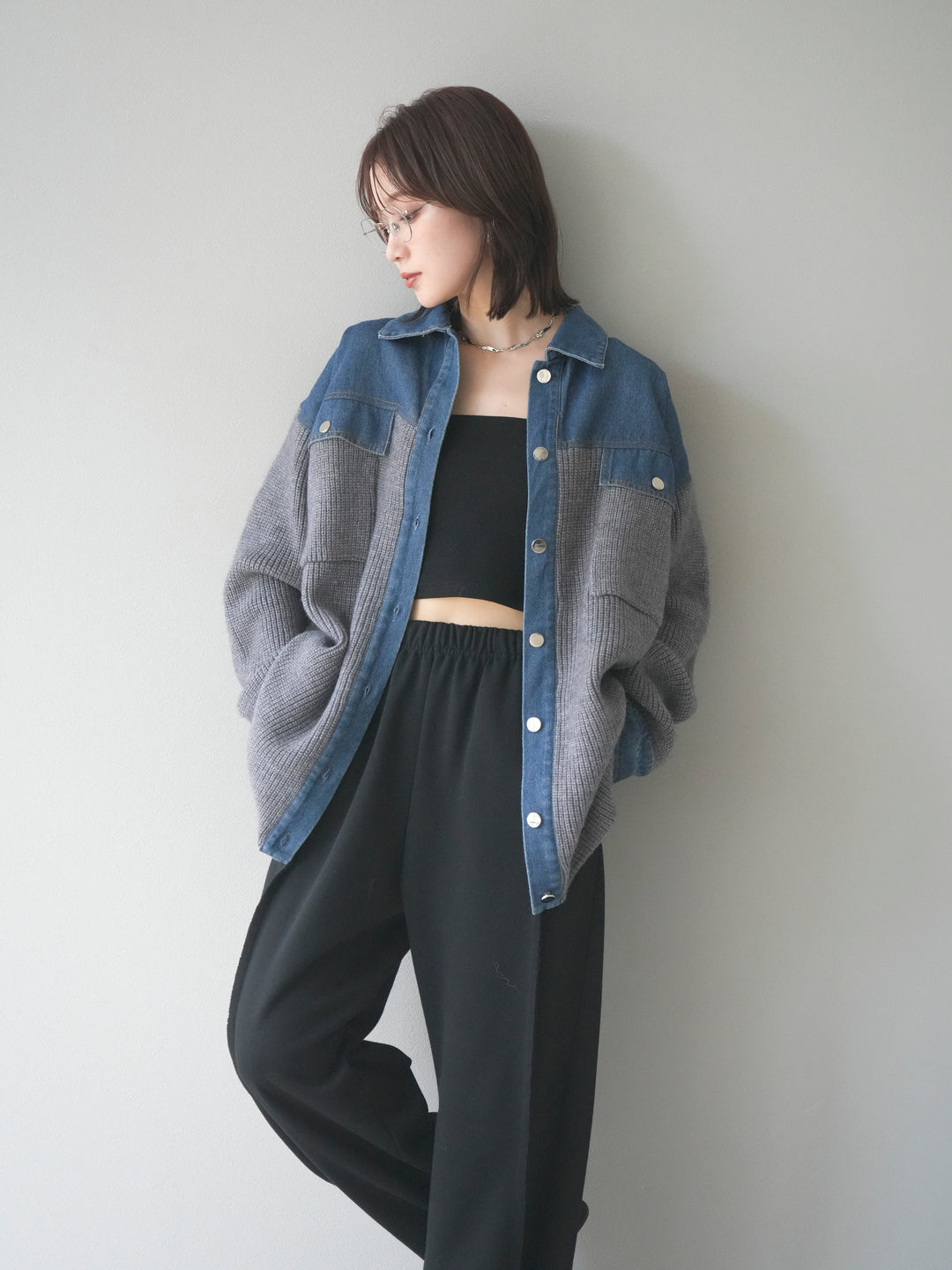 [SET]デニム襟付きニットジャケット+2WAYデザインスウェットパンツ(2set)