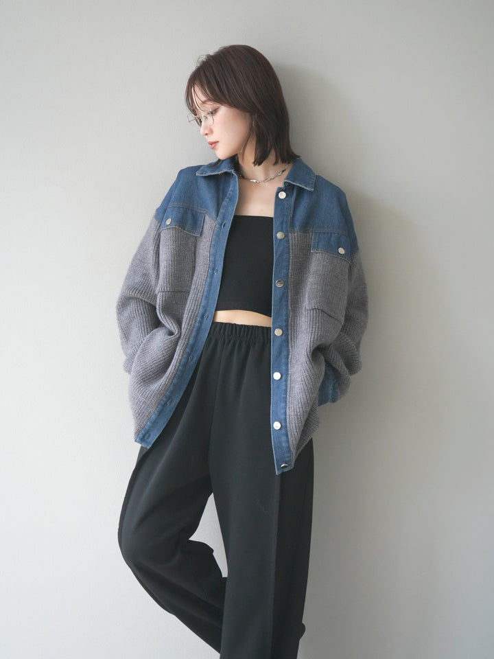 [SET]デニム襟付きニットジャケット+2WAYデザインスウェットパンツ(2set)