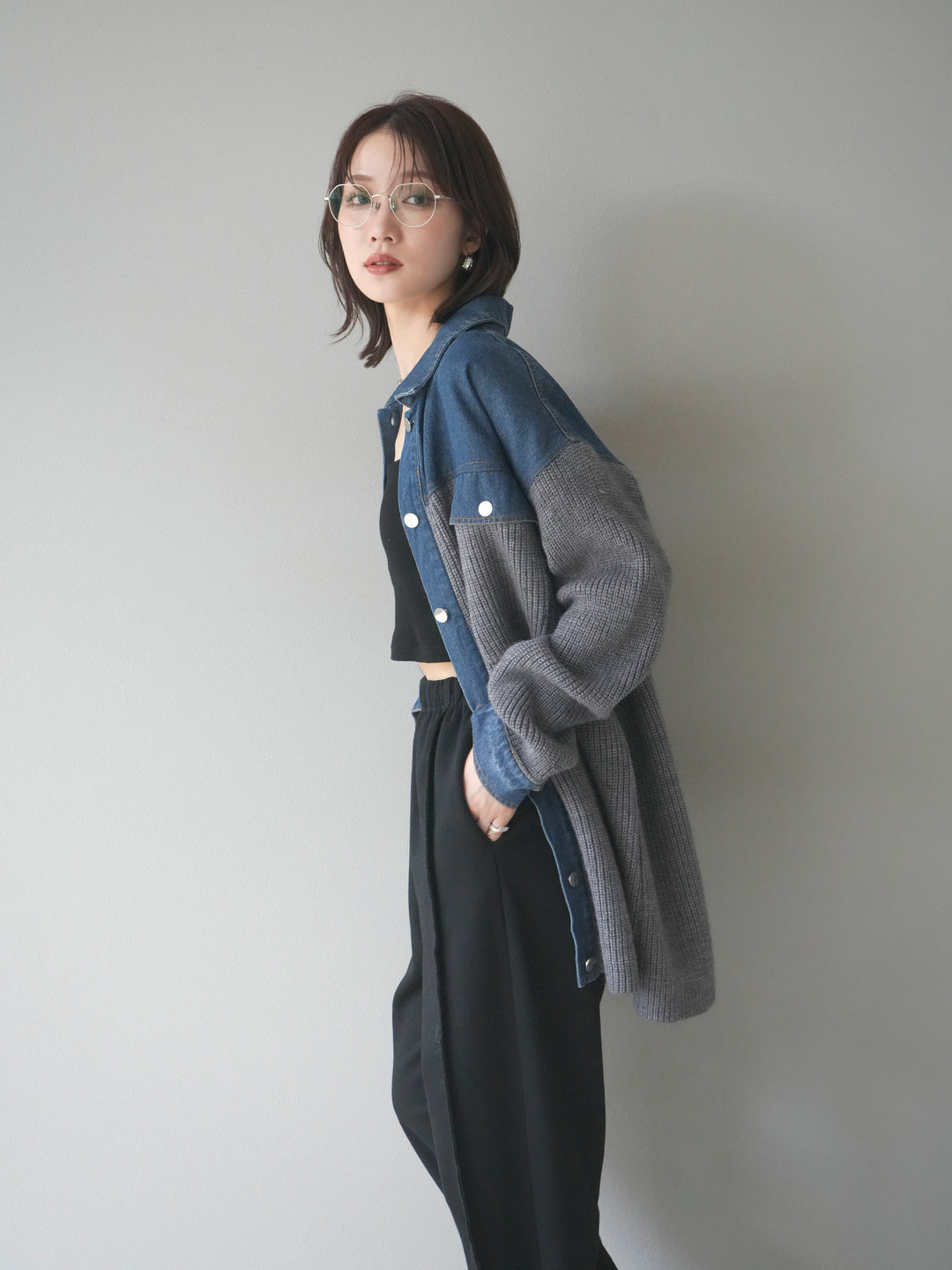 [予約]デニム襟付きニットジャケット/gray