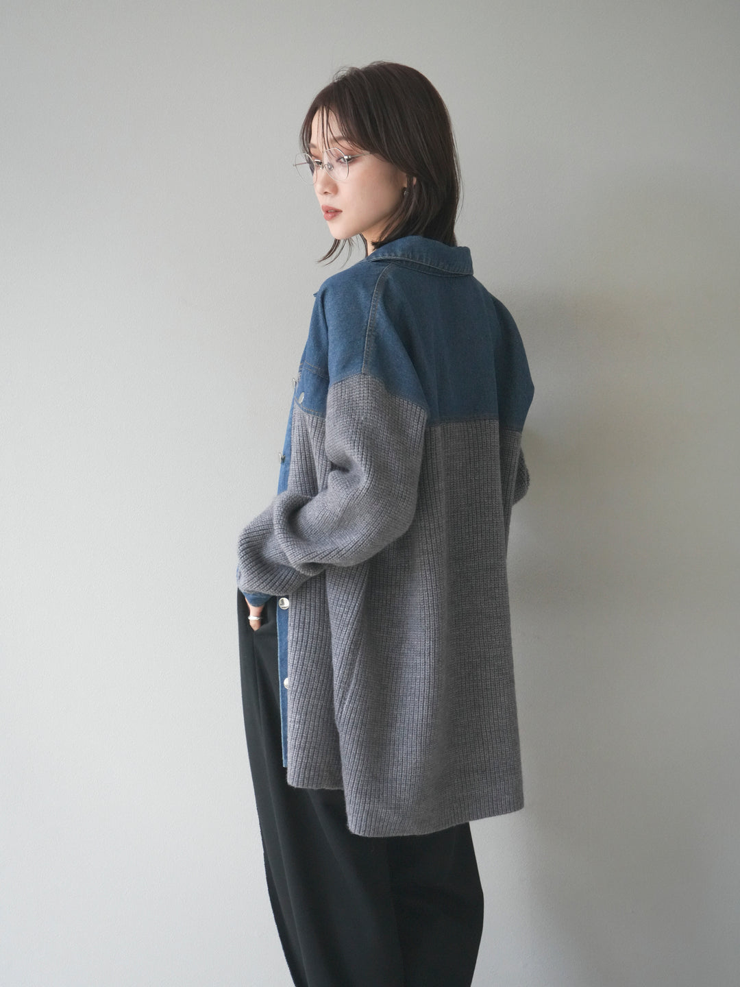 [SET]デニム襟付きニットジャケット+2WAYデザインスウェットパンツ(2set)