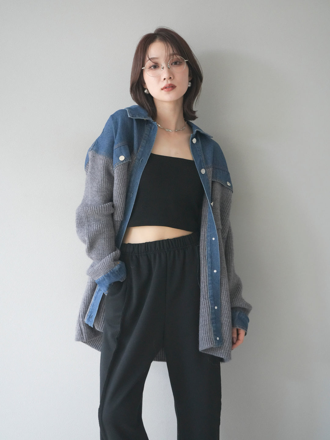 [SET]デニム襟付きニットジャケット+2WAYデザインスウェットパンツ(2set)