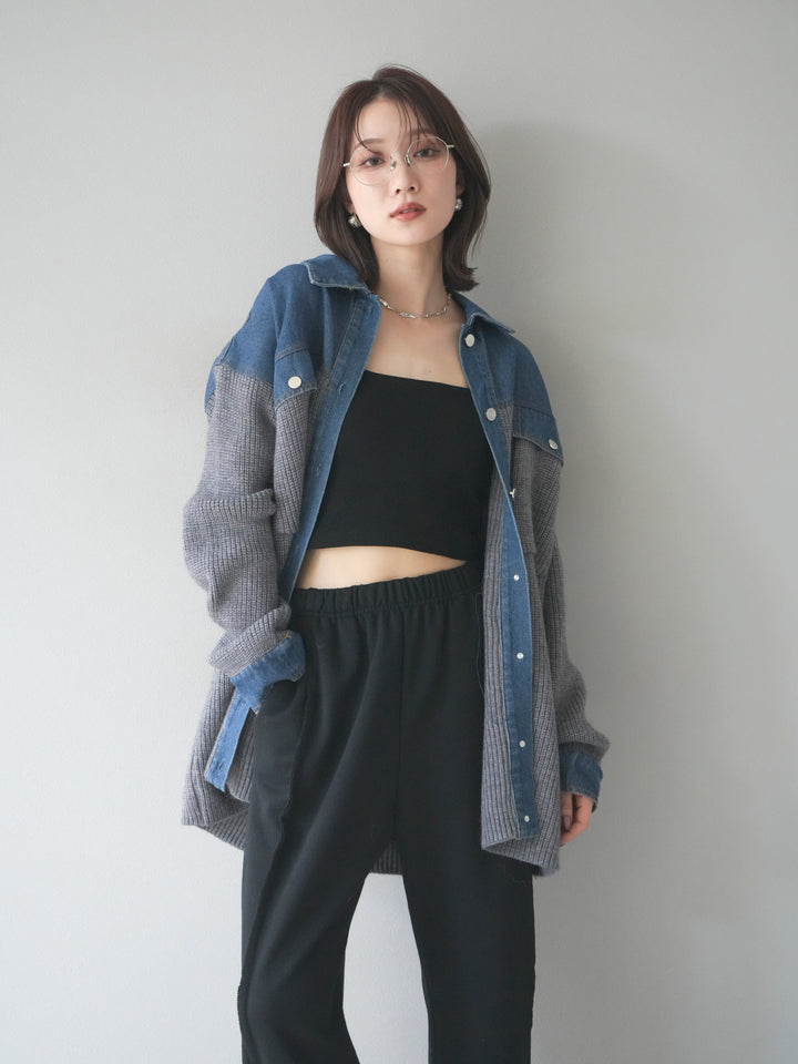 [SET]デニム襟付きニットジャケット+2WAYデザインスウェットパンツ(2set)