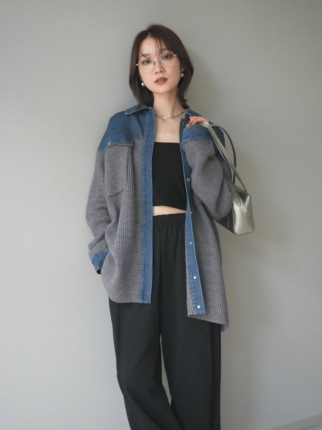 [SET]デニム襟付きニットジャケット+2WAYデザインスウェットパンツ(2set)