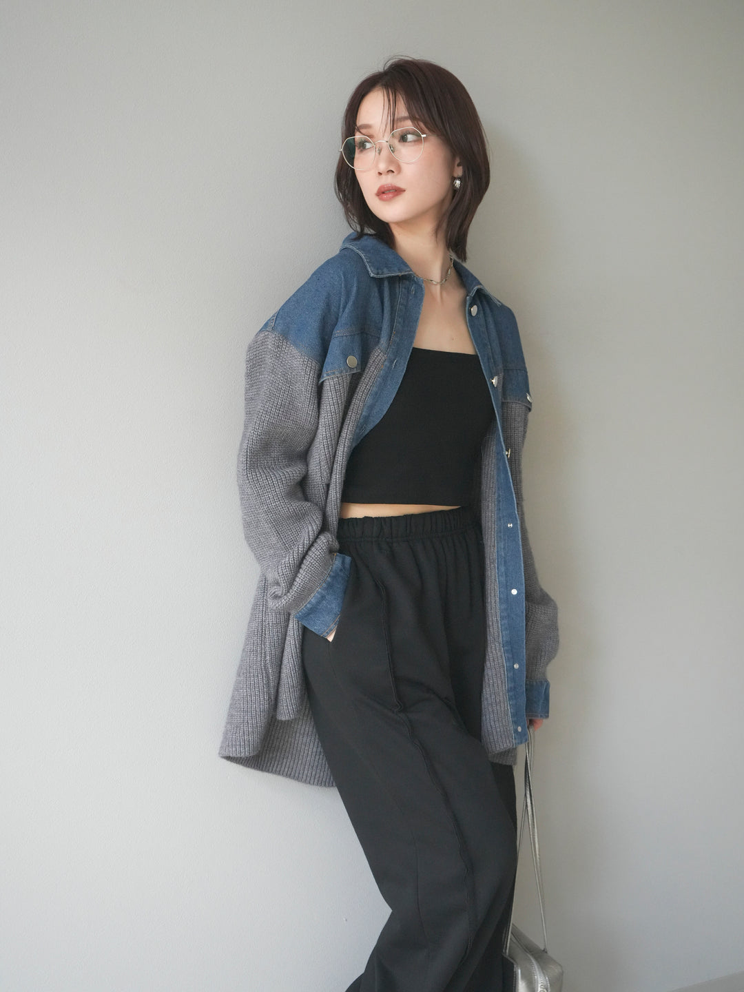 [SET]デニム襟付きニットジャケット+2WAYデザインスウェットパンツ(2set)