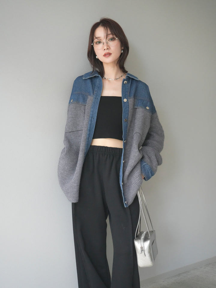 [SET]デニム襟付きニットジャケット+2WAYデザインスウェットパンツ(2set)