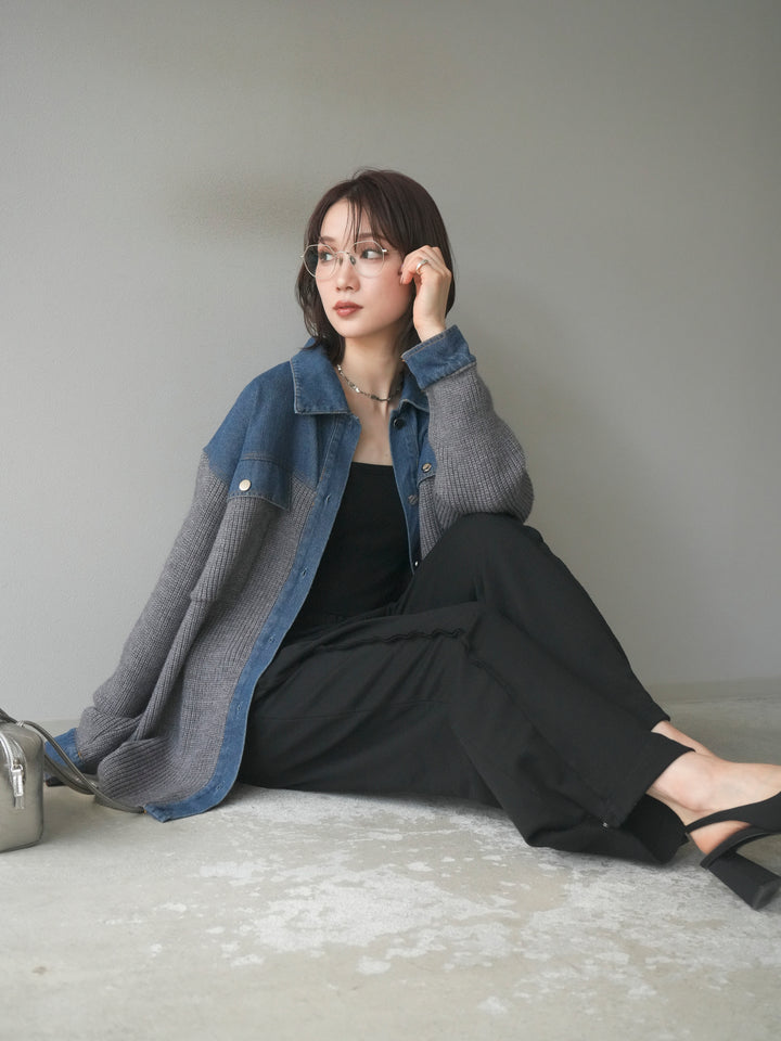 [SET]デニム襟付きニットジャケット+2WAYデザインスウェットパンツ(2set)