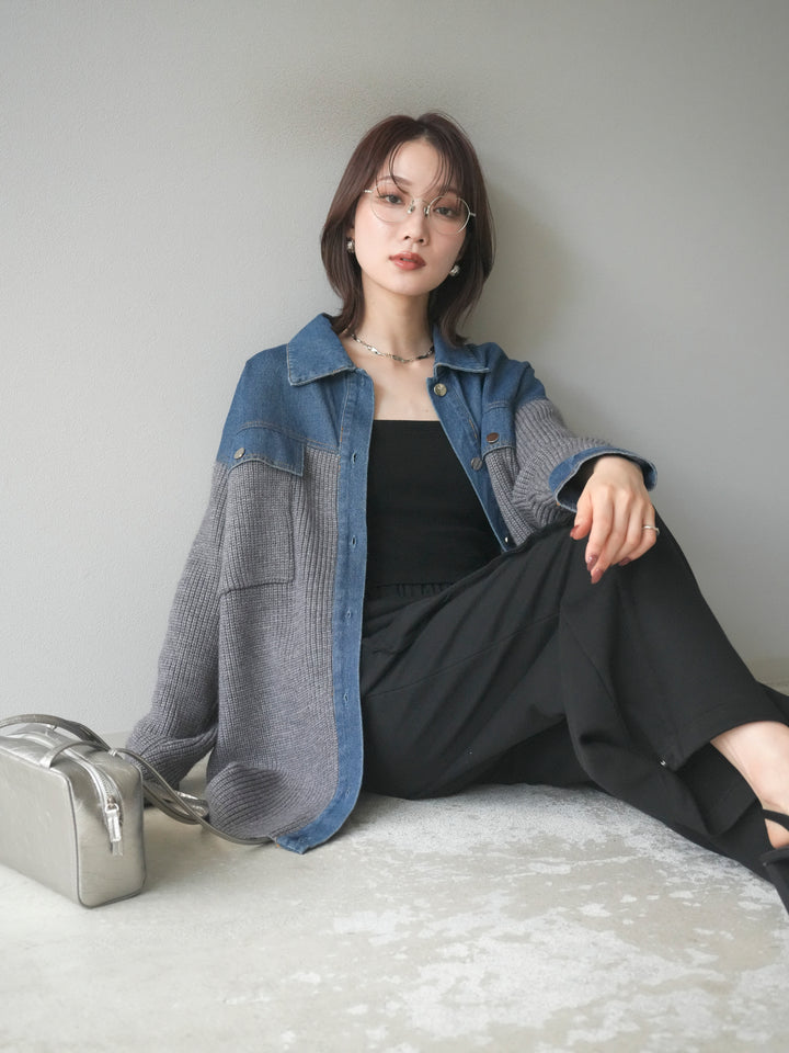 [SET]デニム襟付きニットジャケット+2WAYデザインスウェットパンツ(2set)